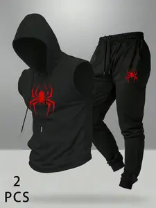 2 Pcs Men's Spider Graphic, Sleeveless Hoodie & Jogger Pants, Quick Dry Gym Tracksuit, Casual Athletic Sportswear, Spider-Man Fan Gift