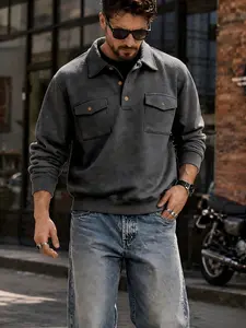 Men's Thickened Workwear Polo Sweatshirt, Vintage Casual Style, Turn-Down Collar, Dual Pockets, Long Sleeve, Fall Winter Commute Wear