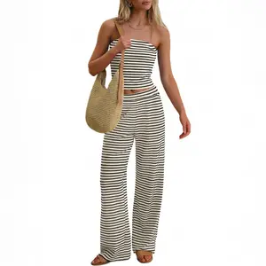 ANRABESS Women 2 Piece Sets Summer Striped Outfits Matching Tube Top Wide Leg Lounge Pants 2026 Travel Beach Vacation Clothes