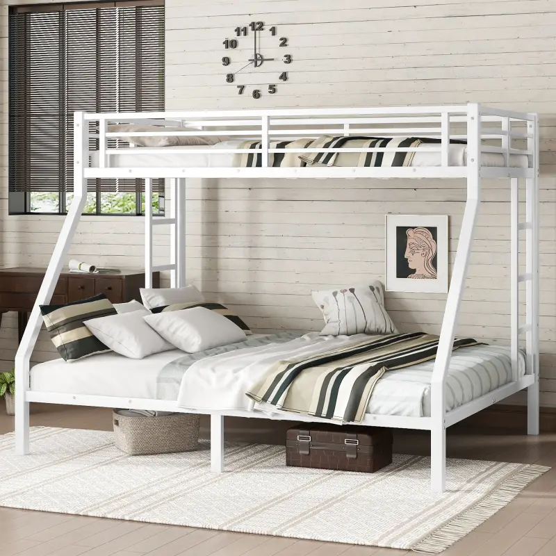 White Metal Twin XL-over-Queen Bunk Bed for Teens, Space-Saving, Noise-Reduced, No Box Spring Needed, Queen Size Mattress Compatible Bed Frame, Mattress Queen Size