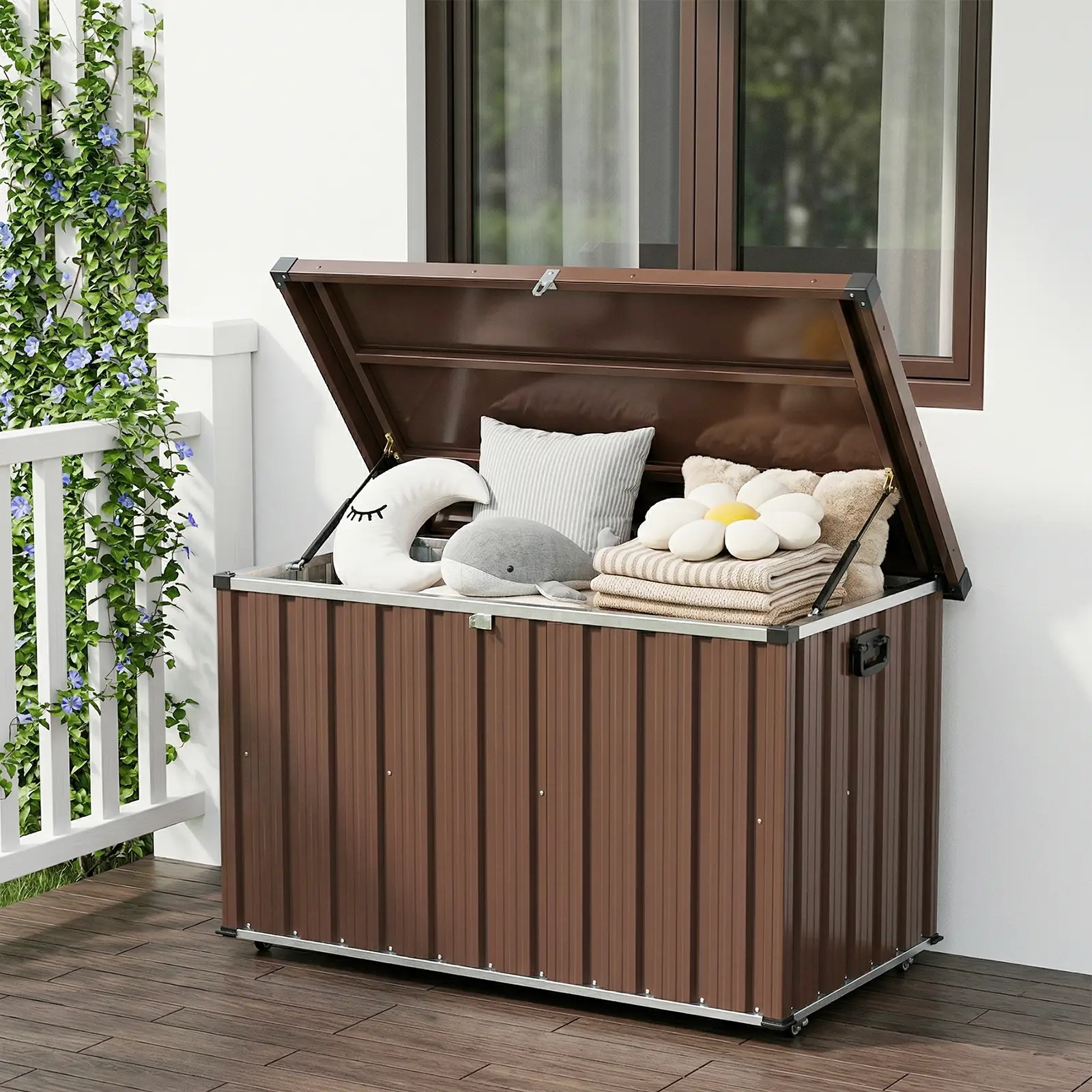 Metal Deck Box 120/150/160/200 Gallon Waterproof Patio Storage Container, Metal Outdoor Storage Box with 0.6 mm Galvanized Steel and 0.3 mm Coated Steel Panels, Large Bin with Wheels for Deck, Porch, Pools