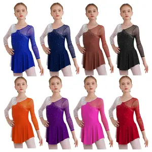 Girl's Long Sleeve Rhinestones Figure Skating Leotard Dress