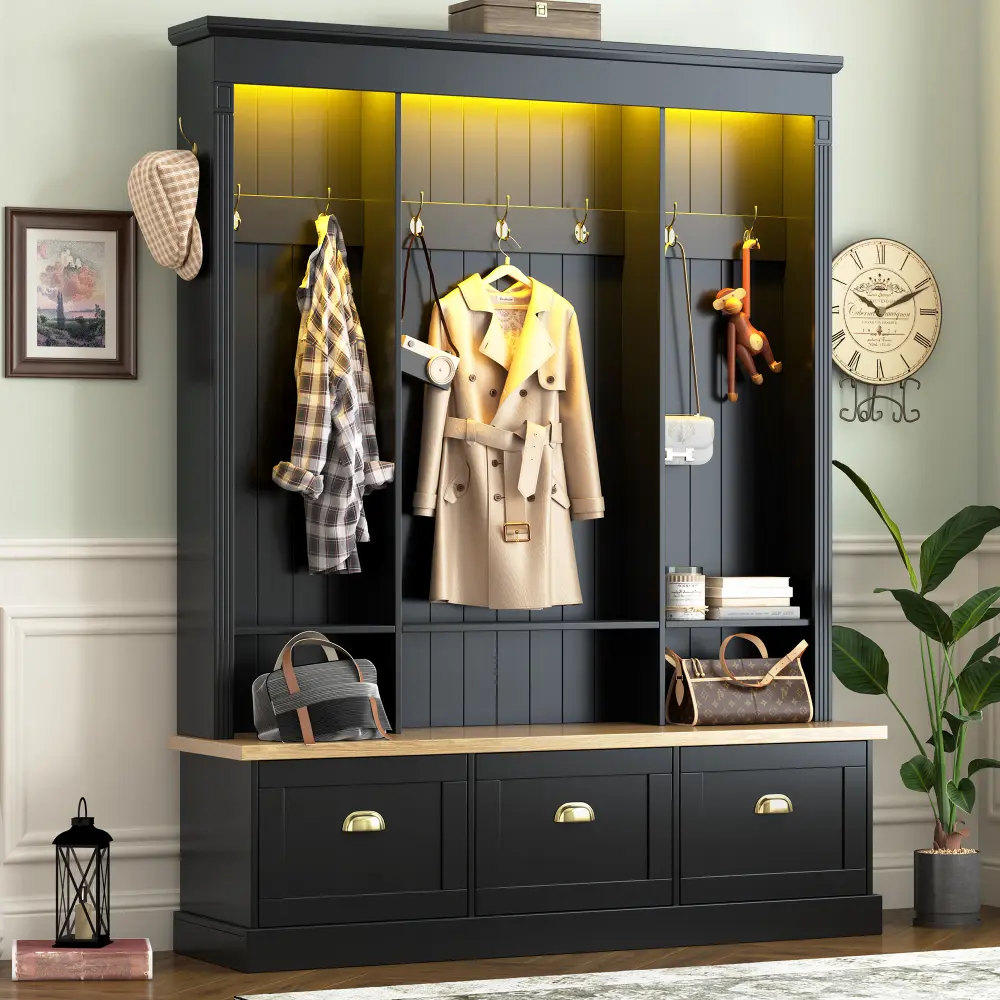 Modern Farmhouse APP-Controlled LED Light Hall Tree with 9 Hooks, Roman Column Design Storage Bench with 3 Large Safe Storage Cabinets, Indoor Entryway Organizer with Shelves, Safe Storage Cabinet Wood Drawer Dresser Bedroom Dresser