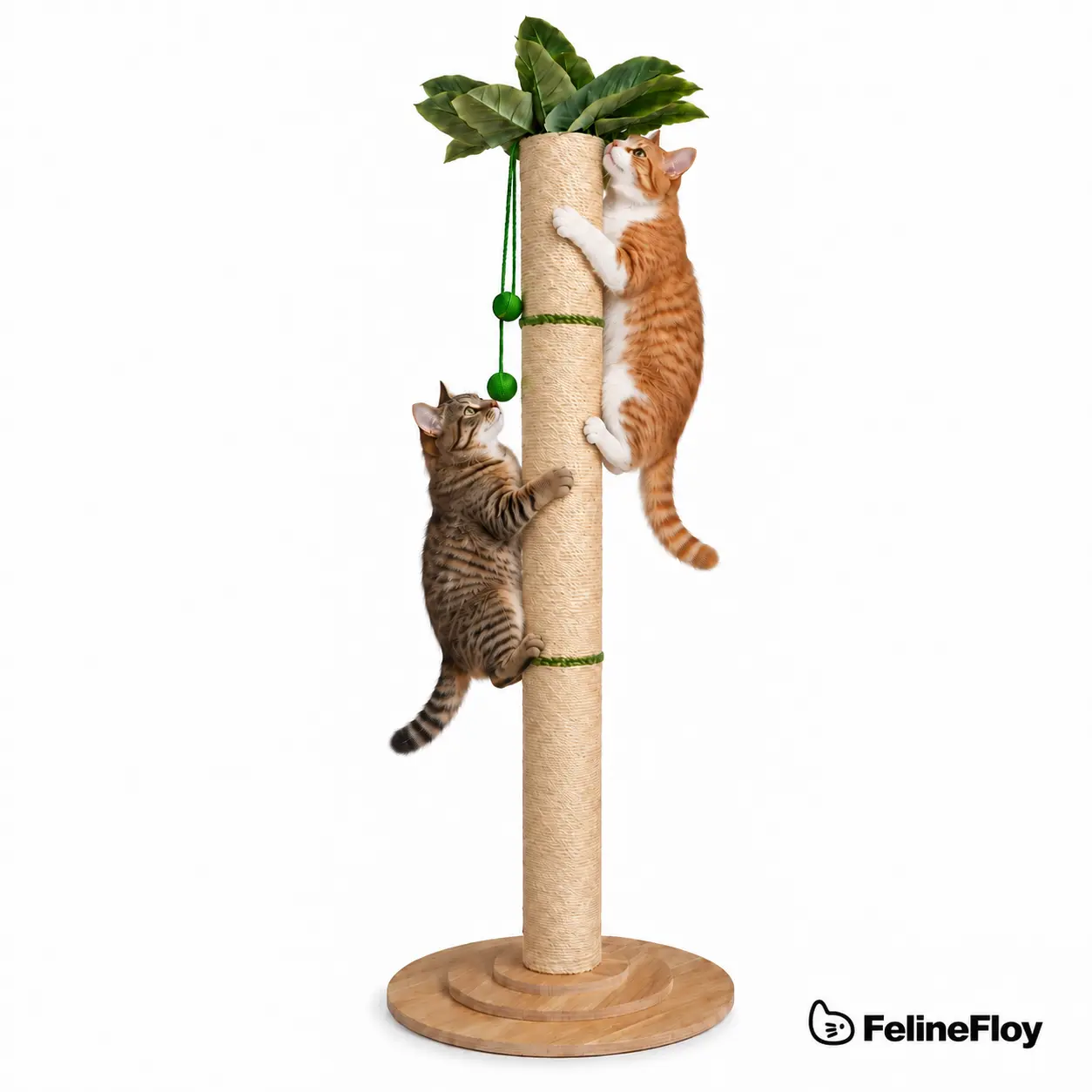 FelineFloy 63in Tall Natural Sisal Scratcher - Vertical Plant-Inspired Wood Cat Scratching Post, Shaving-Free Long-Lasting Rope Pole, 3-Layer Wide Base, Hanging Balls, Leafy Top Play for Large Indoor Cats