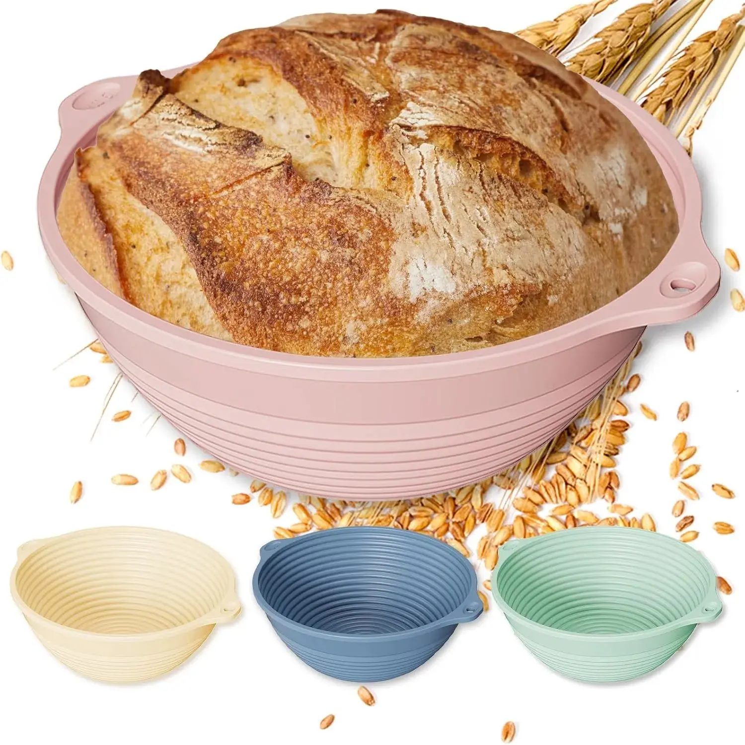 4-Pc Upgraded Silicone Sourdough Bread Proofing Baskets with Handles - Baking Bakeware Utensils, 9-in Reinforced Rim Collapsible Bowls, Oven & Dishwasher Safe, BPA-Free (Green, Beige, Pink, Blue) - Gift Box, Ideal for Mother’s Day, Housewarming Gifts, Thi