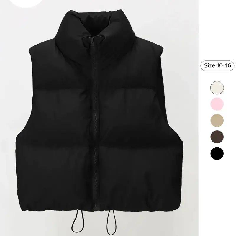 Casual Fall & Winter Solid Plain Woven Stand Collar Zip-Up Zipper Cropped Cotton Drawstring Coat Gilet Waistcoat Vest Washed Sleeveless Vest