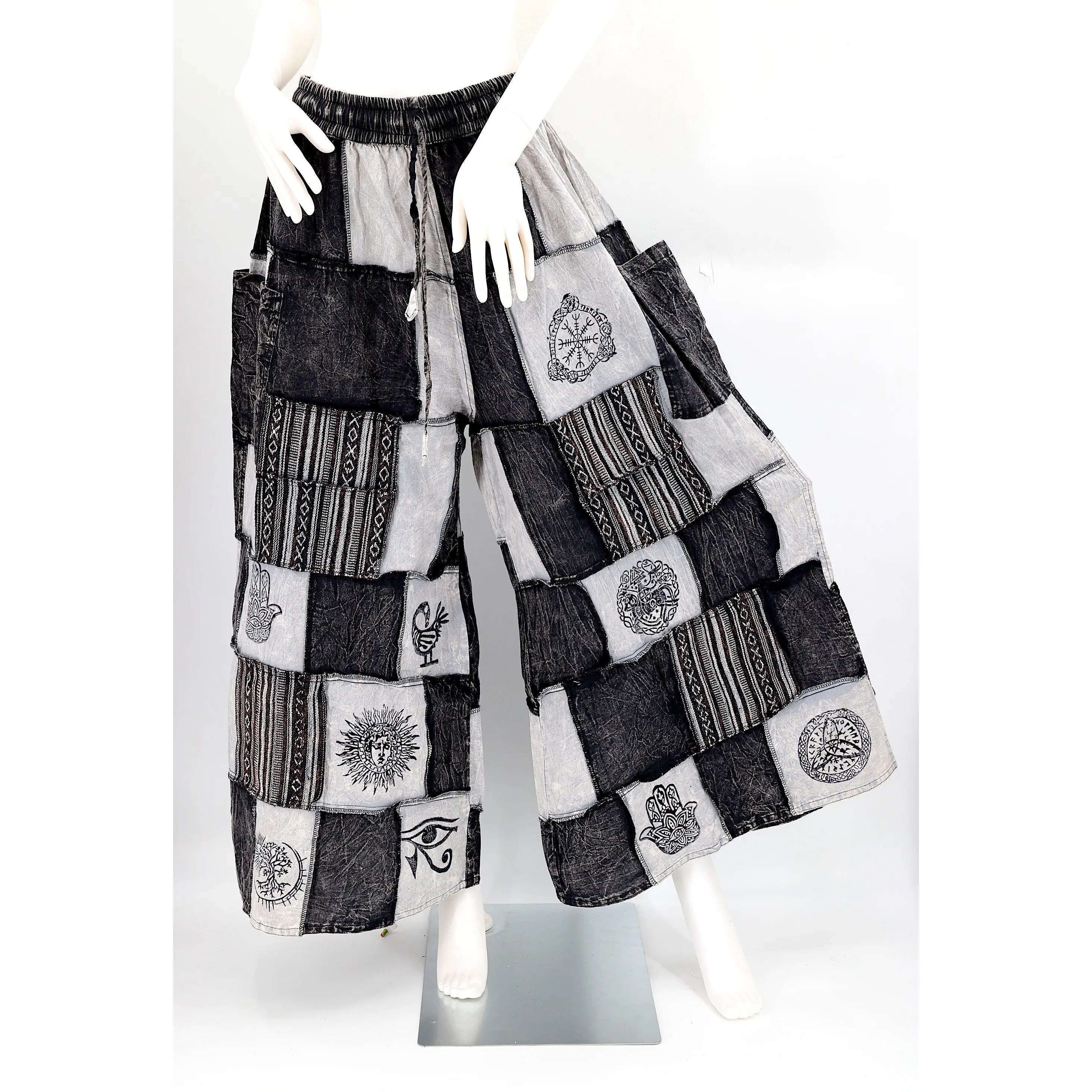 Cotton Hippie Handmade Harem Overlock Old Gods Symbols Patchwork Wide Leg Bohemian Trousers Women's Comfortable