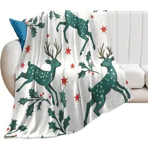 Throw Blanket Cute Christmas Deer & Christmas Holly Pattern Home Décor Fuzzy Warm And Cozy Throws Christmas Deer Flannel Blanket for Home for Couch Bed Living Room for Adults and Kids 30"x40"