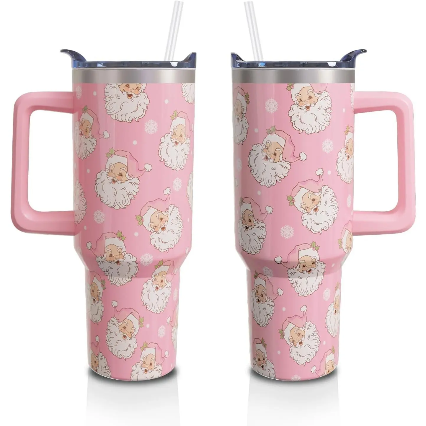 40 Oz Stainless Steel Thermal Insulated Cup Tumbler - Portable Vacuum Flask with Handle, Straw Lid, Pastel Christmas Santa Design, Holiday Gift for Women, 1PC (Swimming Pool Use), Drink Container for Son, Water Bottle