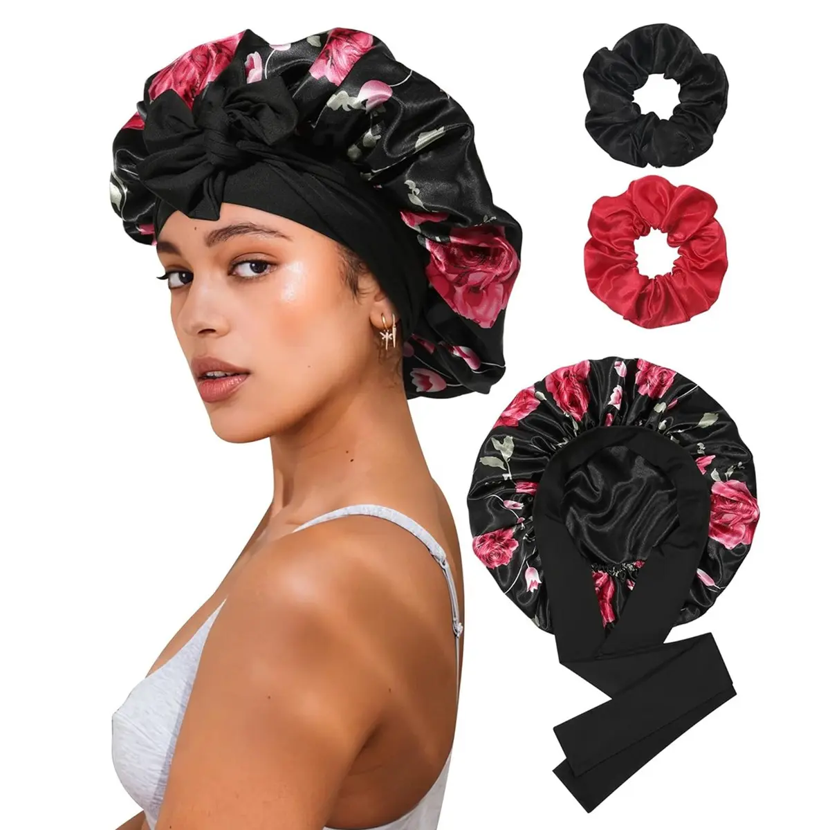 Black-Flower Bonnet + 2Pcs Scrunchies 