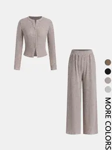 Women's Autumn Winter 2-Piece Set, Casual Round Neck Knitted Cardigan with Buttons & Loose-Fit Pants