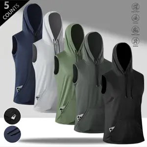 Men’s 5-Pack Sleeveless Hoodie – American Street Style, Quick-Dry, Drawstring Hood, Kangaroo Pocket, Relaxed Fit