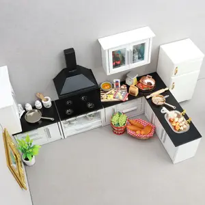 7Pcs 1:12 Scale Mini Dollhouse Kitchen Set Realistic Doll Furniture with Wooden White and Gold Black Cabinets Table Stool Sink Compatible with Dolls Model Train Sets Diorama Compact Wood Look Christmas Easter New Year Gift