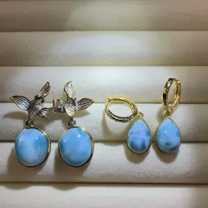 <PingEast jewelry> Larimar earrings ——925 Gold-Plated Sterling Silver Earrings featuring large natural Agate gemstones. Elegant, timeless, and versatile design with a bold, luxurious feel