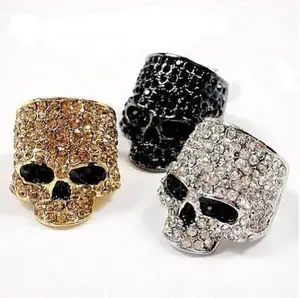 Iced Out Punk Skull Ring High-Polish Metal Alloy with CZ Stones Gold Black Silver Unisex Drip Game Strong No Apologies Strength Conquer