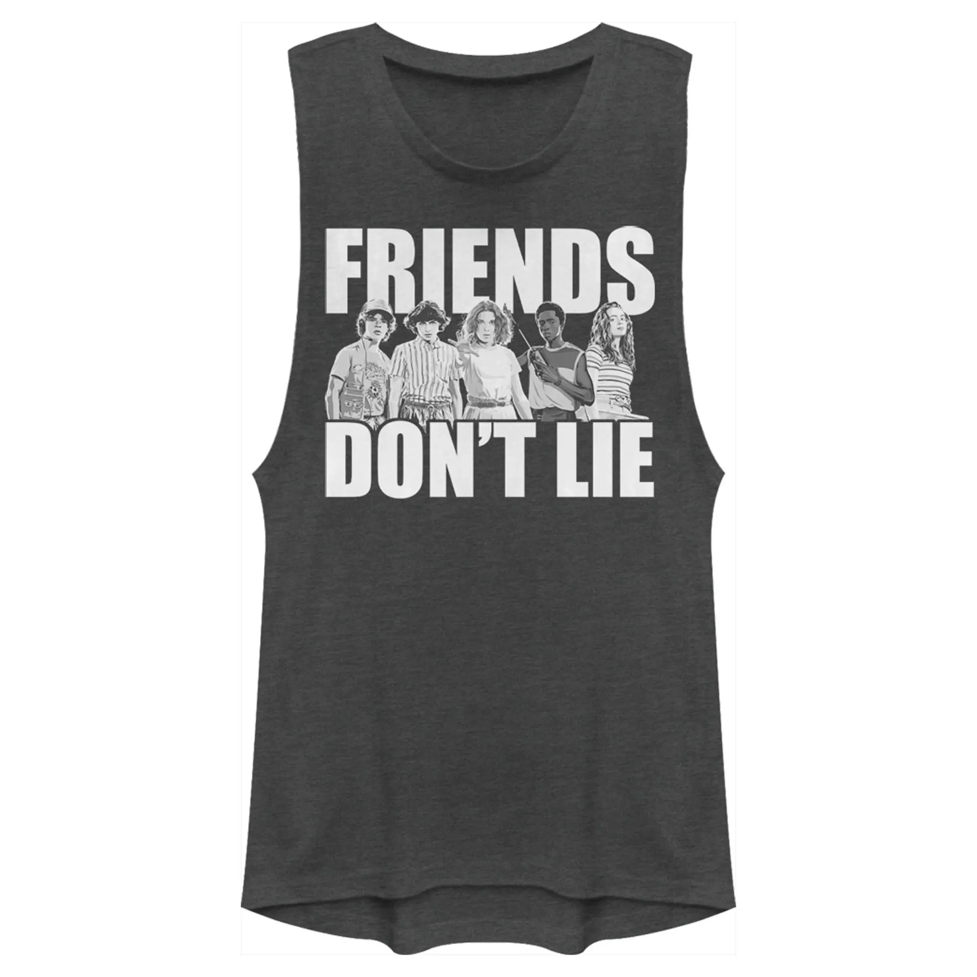 Juniors Womens Stranger Things Friends Don't Lie Character Pose Festival Muscle Tee