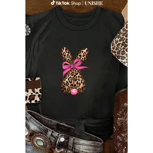 Easter Bunny Graphic Tee for Women – Leopard Print Design with Charming Pink Bow