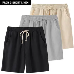 Pack3 Mens Casual Cotton Linen Shorts Elastic Waist Drawstring Bermuda Shorts Lightweight Comfy Summer Beach Shorts, Gift for Him, Father's Day Gift