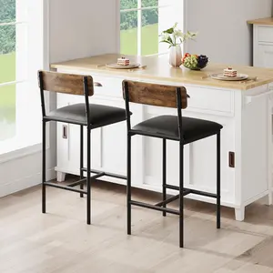 6er Set Barhocker & Esszimmerstühle – 65 cm gepolsterte Barstühle mit Rückenlehne & Fußstütze – Robustes Metallgestell – Einfacher Aufbau – Für Kücheninsel, Tresen & Esszimmer – Rustikal Braun/Schwarz