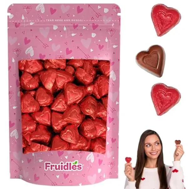 Fruidles Valentine's Day Milk Chocolate Hearts, Party Bag Fillers, Red Individually Wrapped Foils, Kosher Certified (Half-Pound)