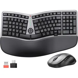 Keyboard and  Combo, 2.4G Curved Compact Keyboard with Cushioned Palm Rest, 4 Level DPIs Adjustable  , for Windows//Desktop/Laptop/PC, Gray Black