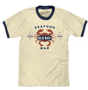 Old  Bay Seafood Bar Lobster Logo Ringer T-Shirt - Beige and Navy