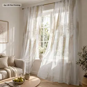 2pcs Minimalist Abstract Brush Stroke Sheer Curtains, Beige & White Light Filtering Privacy Drapes for Living Room & Bedroom, Polyester Rod Pocket Window Panels