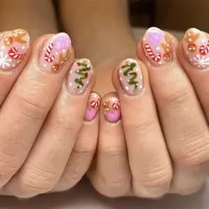 Christmas 24pcs Short Oval Press-On Nails, Gingerbread Man & Bow Design, Acrylic False Nails, Includes Jelly Glue & Nail File