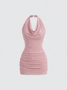 LUNIS Sweetra Petite Women's Short Turtleneck Backless Sequin Bodycon Party Mini Dress