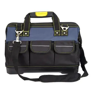 Heavy duty 19 inch tool kit with waterproof plastic molded base, Oxford fabric wide mouth tool kit, adjustable shoulder strap, suitable for male mechanical contractors, blue