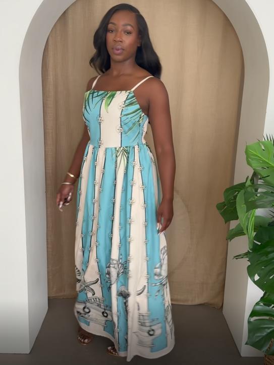 Coastal Serenity Nautical Print Maxi Dress for Timeless Resort Chic - Ocean Inspired Aqua Blue & Cream Stripes, Spaghetti Straps, Full Length Skirt, Casual & Elegant Womenswear