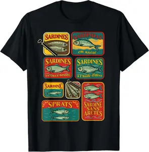 100% Cotton Unisex Vintage Sardines Tinned Fish Retro Canned Sardine Summer T-Shirt