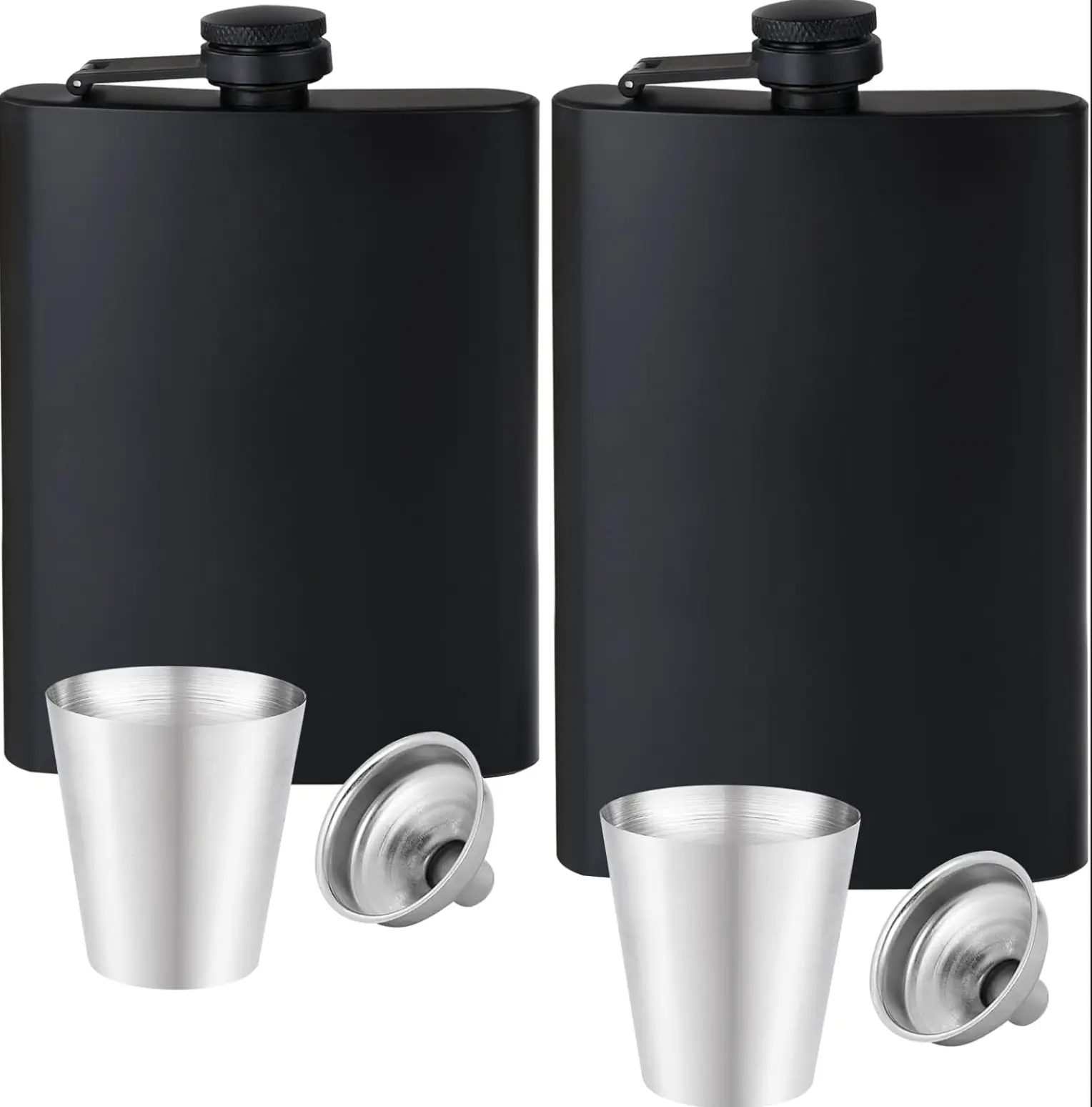 2 PCS hip flasks for men, matte black stainless steel leak proof funnel and cup with metal cap, water bottle for wedding parties, outdoor activities (8oz+2 cups)