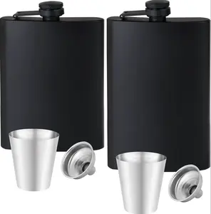 2 PCS hip flasks for men, matte black stainless steel leak proof funnel and cup with metal cap, water bottle for wedding parties, outdoor activities (8oz+2 cups)