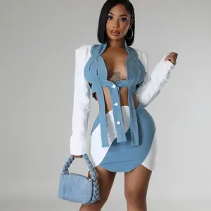 Women denim blue and white colorblock 2 piece crop top button up set with matching denim skirt Collar Womenswear