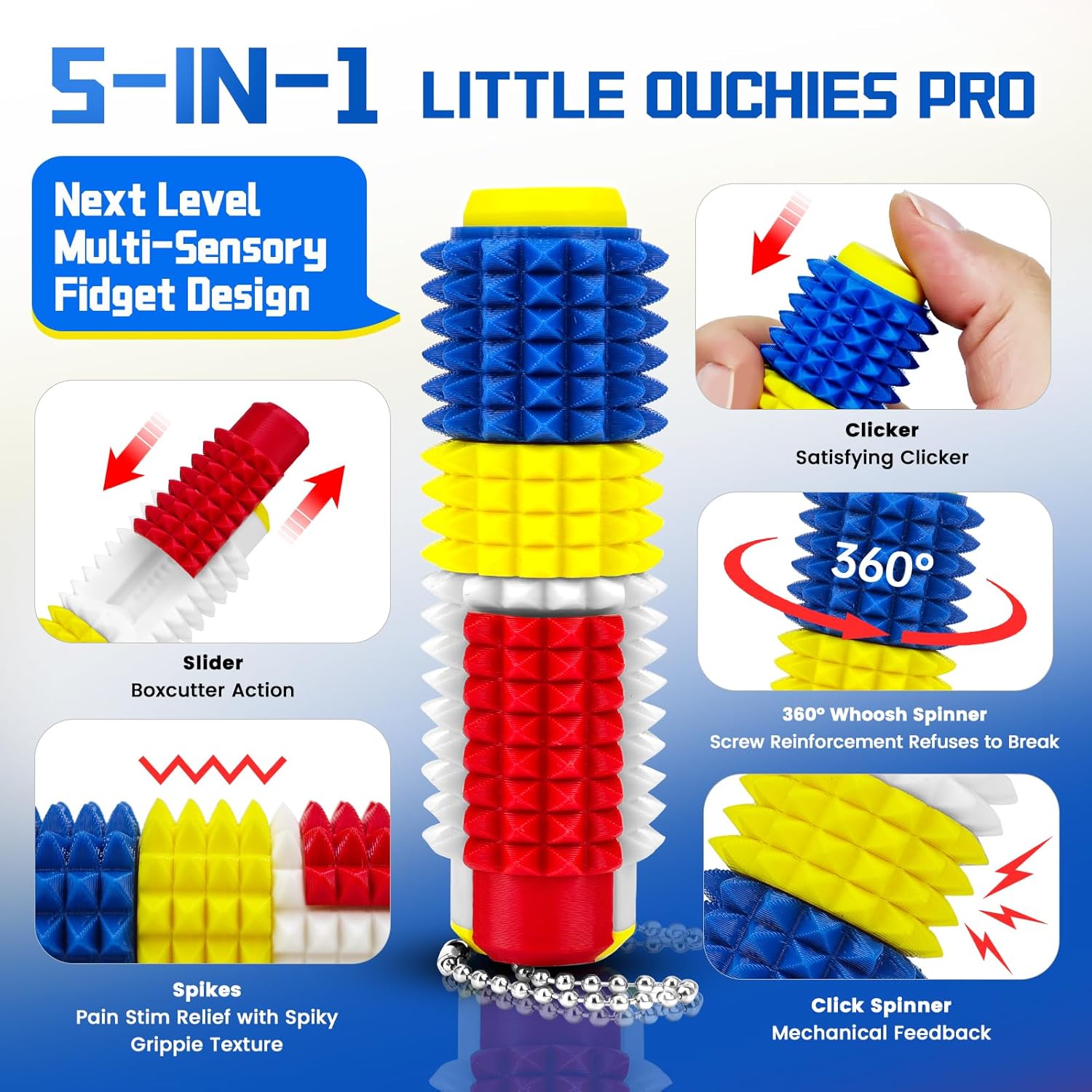 Button Clicks Spinners Portable Stim Tool, Little Ouchies 5-in-1 Design for Stress Relief Spiky Grippie Stim 3D Printed Toys Pain Stim Fidget