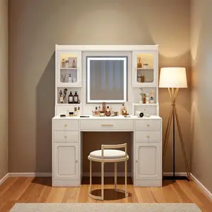 Large Vanity Table Set with Mirror, 6 Drawers, Shelves & Storage, Modern Makeup Dressing Desk with Golden Handles