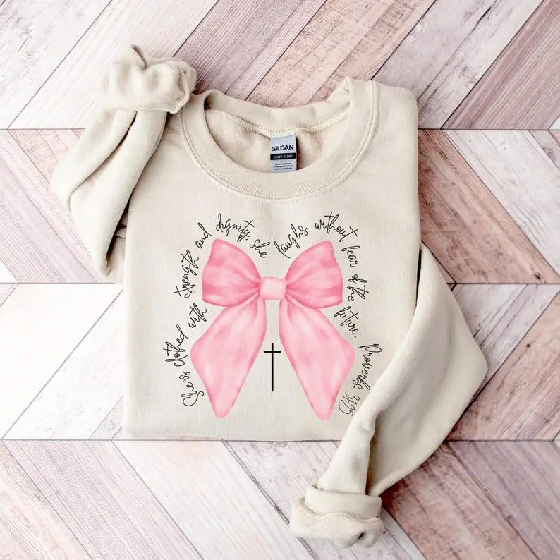 Coquette Christian Sweatshirt Hoodie, Pink Bow Faith Sweatshirt, Bible Verse Sweater Womens Christian Gifts, Religious Women Gift, Jesus Apparel