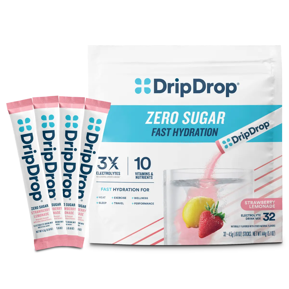 DripDrop Zero Sugar Strawberry Lemonade Electrolyte Powder, 8 oz sticks, 32 count DripDrop Zero Sugar Strawberry Lemonade Electrolyte Powder, 8 oz sticks, 32 count