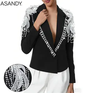 ASANDY Women’s Luxury Black Blazer – Handcrafted rhinestone and pearl tassel embroidery | Statement party blazer for women