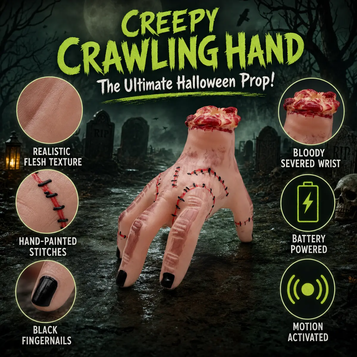 Electric Lighting Walking Creepy Hand Toy for Kids, Animated Spooky Halloween Prank Hand, Realistic Soft Rubber Monster Hand, Funny Halloween Gift & Party Decoration