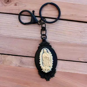 Large Guadalupe Cameo Keychain - Virgin Mary Handmade Antique-Style Elegant Oval Pendent Keyring