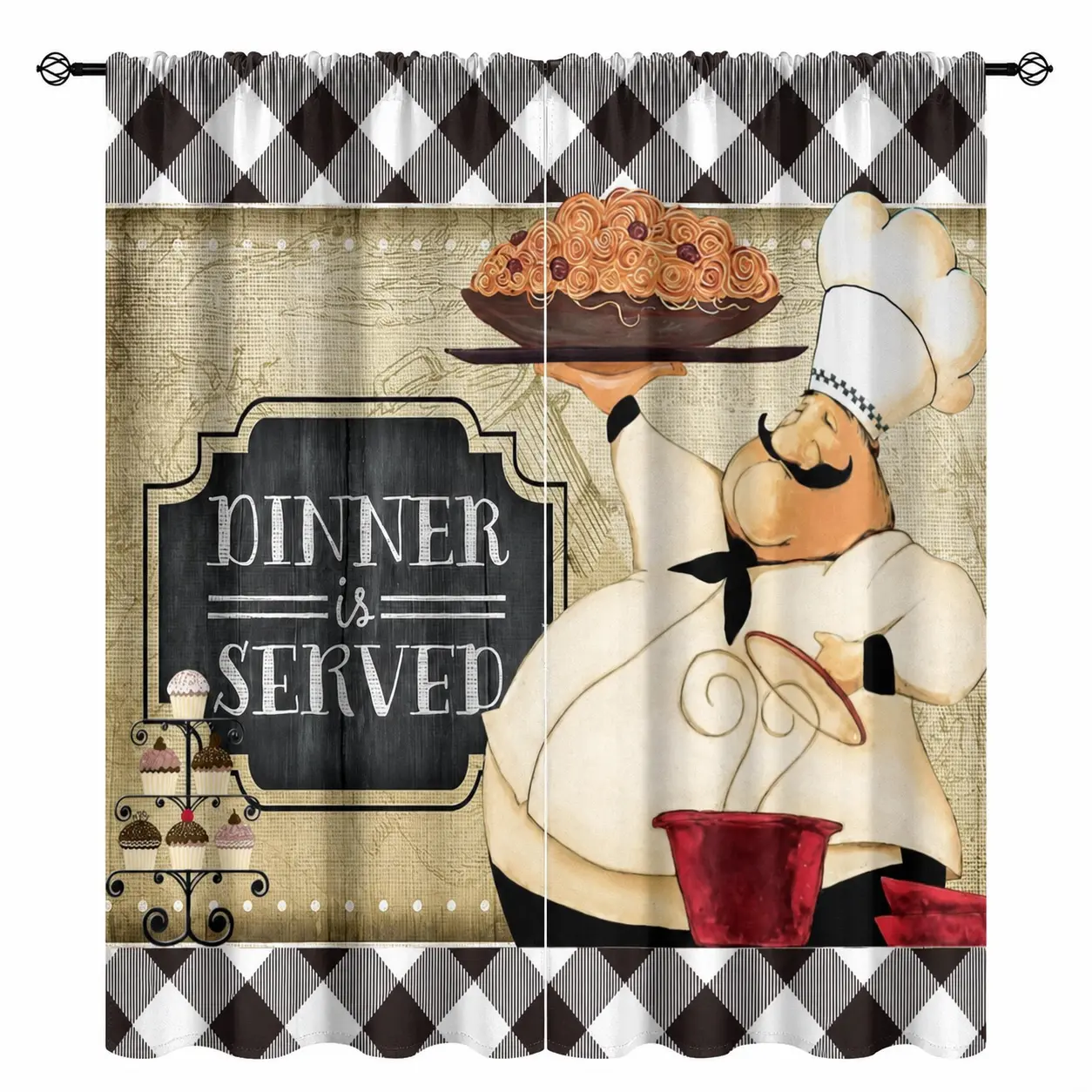 Vintage Medieval Fat Chef Plaid Fun Set of 2 Grommet Top Kitchen Curtains - Thermal Blackout Curtain Cloth with Heat Block, Light Control, Energy Saving, Privacy for Kitchen, Mother's Day Gifts