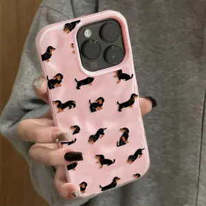 for iPhone 16 ProMax  Cartoon Dachshund Sausage Dog Pattern Soft Wrinkled Texture Phone Case for iPhone 17 16 Pro 15 14 Plus 13 12 11 17 Pro Max 17 Air Folds Texture TPU Cover