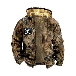 Men's Camouflage Hooded Jacket, Lined - Autumn/Winter Warm Zipper Sweatshirt, Casual Leaf Print Design, Multiple Pockets, Adjustable Hood, Polyester Blend, Easy to Match with Casual Outfits Long Sleeve