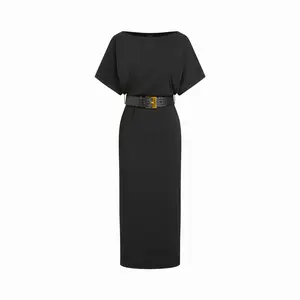 Cider High Stretch Boat Neck Batwing Sleeve Straight Maxi Dress With Belt SwimWeek