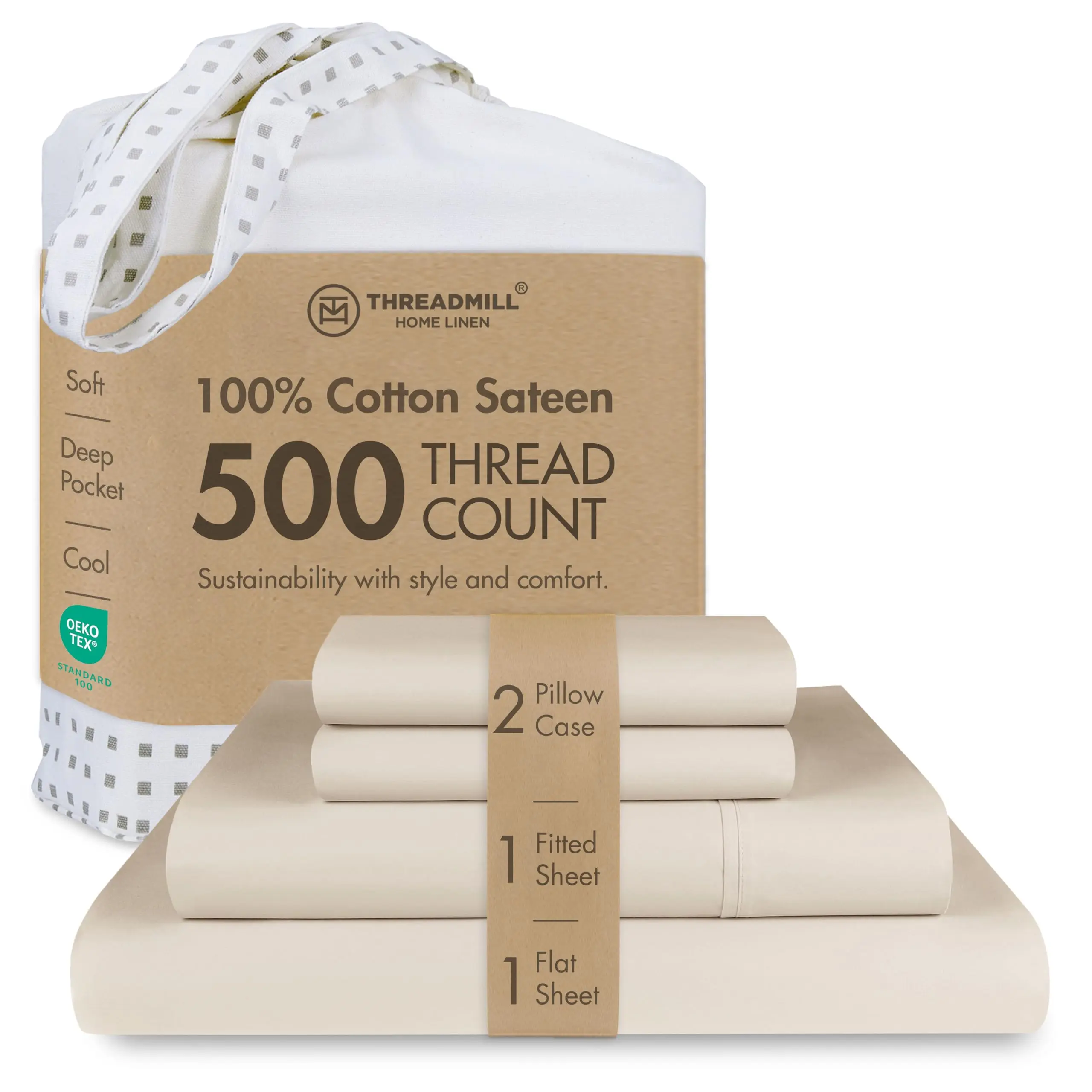 Threadmill Home Linen 100% Cotton Sheet Set - 500 Thread Count, Solid, Breathable, Fade Resistant, Natural Sheen Bedding