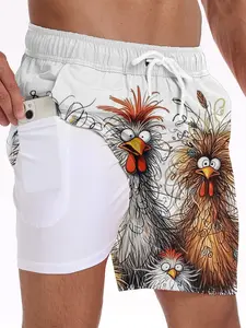 Cartoon Rooster Shorts, Loose Fit, Anti-Slip Compression Lining, Storage Bag, Fun Pattern, Slimming Design, Casual Style