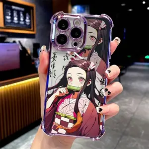 Stylish Kawaii anime girl K-Kamado N-Nezuko phone case For iPhone 17/16/15/14/13/12/11/Pro/ProMax/Plus/Air/Xsmax, Samsung S26/S25/S24/S23/S22/Plus/Ultra/Fe/Edge, Four-corner airbag electroplated anti-drop soft Case, Shockproof Cover, Trendy Birthday Gift