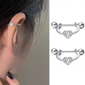 1 Pair Of Elegant Heart-Shaped Cartilage Earrings With Sparkling Cubic Zirconia, Copper, Perfect For Daily Wear & Giving - All Seasons, Earrings|   Cute Cartilage Earrings|   Zirconia Embellished.